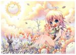 ahoge blue_eyes blush bunny cloud clouds emperpep flower open_mouth pink_hair rabbit solo sun traditional_media watercolor_(medium) 