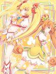  2girls anthiea back-to-back blonde_hair boots club cure_rosetta cure_sunshine dokidoki!_precure floral_print flower heartcatch_precure! highres looking_back midriff multiple_girls myoudouin_itsuki navel orange_hair precure sunflower twintails weapon yellow_eyes yotsuba_alice 