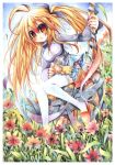  ahoge blonde_hair blush cat emperpep flower long_hair open_mouth red_eyes side_ponytail solo thigh-highs thighhighs traditional_media watercolor_(medium) 