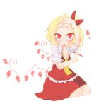  ascot bacho blonde_hair blush bow crayon dress english flandre_scarlet forehead hair_bow hair_ornament heart highres kneeling no_hat no_headwear red_eyes short_hair side_ponytail simple_background solo the_embodiment_of_scarlet_devil touhou white_background wings 