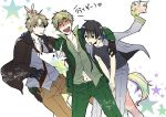    3boys :d =_= america_(hetalia) axis_powers_hetalia black_eyes black_hair blazer blonde_hair blush cigarette cringe drool drunk closed_eyes fairy jacket japan_(hetalia) jeans open_shirt shirt shock smile stars necktie translation_request unicorn united_kingdom_(hetalia)   