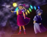  bad_id blonde_hair braid closed_eyes fingernails flandre_scarlet full_moon hat high_heels izayoi_sakuya long_fingernails maid moon multiple_girls nail_polish outstretched_arm ponytail red_eyes rooftop shoes short_hair side_ponytail silver_hair touhou tower twin_braids wings yellow_moon yui_7 