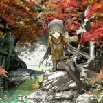  autumn black_legwear blush boots hat jewelry knee_boots leaf leaves legs long_hair maple_leaf nakaba_reimei nature necklace open_mouth original panties river scarf scenery silver_hair sitting sitting_on_rock skirt smile solo stream sweater thigh-highs thighhighs water waterfall zettai_ryouiki 