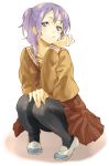  atsumu_sakamoto pantyhose purple_hair ribbon sakamoto_atsumu school_uniform serafuku skirt solo squat squatting 