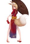  1girl animal_ears bare_legs brown_hair fox_ears fox_tail highres japanese_clothes long_hair looking_at_viewer looking_back multiple_tails oriental_umbrella original red_eyes sandals simple_background sola7764 solo tail umbrella white_background 