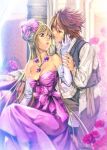  1girl bad_id blonde_hair bow breasts brown_eyes cleavage couple dress elbow_gloves evening_gown formal gloves hair_bow hair_ornament homare_(artist) homare_(fool's_art) lips lipstick long_hair soft_focus strapless_dress 