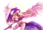  1girl angel angel_wings archangel armor breasts cleavage halo large_breasts legs long_hair magic:_the_gathering magic_the_gathering purple_hair shizako_eu solo sword thigh_strap thighs weapon wings 