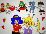  aki_minoriko aki_shizuha blonde_hair crab dog frog green_hair hat heart inubashiri_momiji kagiyama_hina kams kawashiro_nitori moriya_suwako shameimaru_aya short_hair touhou yasaka_kanako 