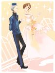  1girl bad_id bride brown_hair closed_eyes couple dress earrings female_protagonist_(persona_3) flower garrison_cap good_end hair_flower hair_ornament hat highres jewelry necklace persona persona_3 persona_3_portable smile tashite teodor wedding_dress 