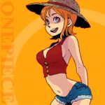  bad_id brown_eyes cosplay dramatica hat lowres midriff monkey_d_luffy monkey_d_luffy_(cosplay) nami navel one_piece orange_background orange_hair shorts smile solo straw_hat title_drop 