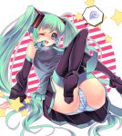 absurdres blue_eyes blush detached_sleeves green_hair hatsune_miku highres legs long_hair necktie panties skirt solo striped striped_panties thigh-highs thighhighs twintails underwear very_long_hair vocaloid wink yu_(bkks) 
