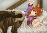  bed brown_hair coat foreshortening hands holo long_hair lying outstretched_arms outstretched_hand pillow reaching red_eyes spice_and_wolf 
