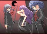  black_moon book braid contemporary crescent crescent_moon fang formal izayoi_sakuya knife moon necktie pant_suit patchouli_knowledge remilia_scarlet shin'ya_(nanp) shinya_(nanpp) suit touhou twin_braids 