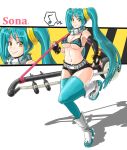  1girl aqua_hair bare_shoulders bikini_top breasts cleavage cosplay instrument justeeeeth league_of_legends long_hair scarf sona_buvelle tengen_toppa_gurren_lagann thigh-highs very_long_hair yellow_eyes yoko_littner yoko_littner_(cosplay) 