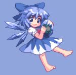  barefoot blue_eyes blue_hair bow cirno feet hair_bow kou_2008 lowres pixel_art short_hair simple_background solo touhou wings 