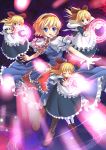  apron blonde_hair blue_eyes boots bow capelet cross-laced_footwear doll frills glowing hair_bow hairband kimitoshiin lace-up_boots loafers long_hair magic_circle open_mouth outstretched_arms outstretched_hand shanghai shanghai_doll shoes short_hair smile touhou waist_apron 