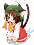  barefoot blush brown_eyes cat_ears cat_tail chen eijima_moko hat highres kneeling mouth_hold multiple_tails short_hair tail touhou 