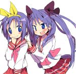  hair_ribbon hiiragi_kagami hiiragi_tsukasa ixy lucky_star multiple_girls ribbon school_uniform serafuku siblings tareme tsurime twins twintails 