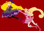  2girls aida_mana blonde_hair cure_heart dokidoki!_precure flying hairband half_updo long_hair multiple_girls outstretched_arm pink_eyes precure profile purple_ribbon reaching_out red_background red_eyes regina_(dokidoki!_precure) ribbon rioka_(aioueooo) running simple_background 