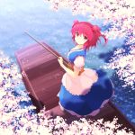  1girl album_cover belt boat cherry_blossoms cover hair_bobbles hair_ornament looking_at_viewer looking_back onozuka_komachi puffy_sleeves red_eyes redhead sash shirt short_sleeves skirt smile solo staff touhou tree tsuyuki_(yukitgraph) turning twintails water 