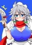  1girl blue_eyes blush breasts huge_breasts izayoi_sakuya jitome knife maid_headdress monster rindou_(p41neko) scarf silver_hair solo sweatdrop touhou 