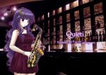  1girl bare_shoulders blush crescent dress hair_ornament highres long_hair patchouli_knowledge purple_hair sax solo touhou unshu_mikan very_long_hair violet_eyes wavy_hair 