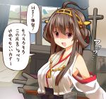  1girl ahoge bare_shoulders brown_hair detached_sleeves hairband japanese_clothes kantai_collection kongou_(kantai_collection) long_hair looking_at_viewer personification rioshi shaded_face smile solo translation_request violet_eyes 