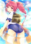  1girl ass blush clouds from_behind hair_ribbon highres i-168_(kantai_collection) innertube kantai_collection koushuu_aki long_hair looking_at_viewer looking_back open_mouth personification ponytail red_eyes redhead ribbon school_swimsuit school_uniform serafuku sky solo swimsuit water 