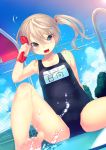  1girl ahoge bare_legs barefoot blue_sky blue_swimsuit blush brown_eyes clouds light_brown_hair one-piece_swimsuit open_mouth original ribbon school_swimsuit side_ponytail skull.03 sky smile solo swimsuit 