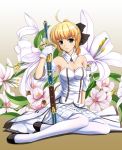  1girl ahoge blonde_hair bow caliburn detached_sleeves dress fate/stay_night fate/unlimited_codes fate_(series) flower green_eyes hair_bow highres lily_(flower) ponytail saber saber_lily sheath sheathed solo sword weapon white_legwear yumemi_(kiowa) 