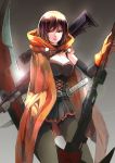  1girl alternate_costume black_hair breasts cape cleavage gloves gradient gradient_background gun highres katana lens_flare pantyhose rifle ruby_rose rwby scythe short_hair skirt sniper_rifle solo sword tagme weapon zhuxiao517 