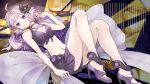  1girl bow butterfly_hair_ornament butterfly_wings hair_ornament long_hair looking_at_viewer lying midriff navel on_back purple_hair solo twintails violet_eyes vocaloid wings yamisawa yuzuki_yukari 