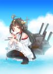 1girl braided_hair brown_hair cup drinking hairband japanese_clothes kantai_collection ko_ru_ri kongou_(kantai_collection) machinery personification plate solo squatting turret yellow_eyes 