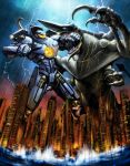  battle city clenched_hand gipsy_danger kaijuu knifehead lightning mecha monster no_humans ocean oldschool pacific_rim rain science_fiction senri super_robot translation_request 