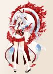  1girl amaterasu_(mythology) animal_ears blue_eyes chun_(friendly_sky) facial_mark fire hair_ornament japanese_clothes japanese_mythology jewelry kimono personification ponytail ring solo tail thigh-highs white_hair white_legwear wolf wolf_ears wolf_tail yujie_shenji 