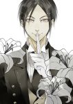  1boy black_hair finger_to_mouth formal gashima411 gloves kuroshitsuji red_eyes sebastian_michaelis smile solo suit victorian 