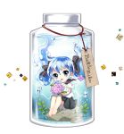  1girl barefoot blue_eyes blue_hair bottle bottle_miku bouquet character_name floating_hair flower hair_ribbon hatsune_miku in_bottle in_container liquid_hair long_hair looking_at_viewer mca_(dessert_candy) name_tag open_mouth ribbon school_uniform serafuku sitting skirt solo submerged twintails very_long_hair vocaloid water white_background 