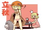  2girls aki_minoriko aki_shizuha blonde_hair dress fan multiple_girls short_hair sitting table touhou underwear zannen_na_hito 