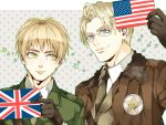  2boys america_(hetalia) american_flag axis_powers_hetalia blonde_hair blue_eyes bomber_jacket flag gashima411 glasses gloves green_eyes multiple_boys union_jack united_kingdom_(hetalia) 