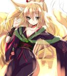  1girl alternate_costume animal_ears blonde_hair flower fox_ears fox_shadow_puppet fox_tail green_eyes haik highres japanese_clothes kimono kokonoe_tsubaki long_hair multiple_tails obi original solo tail white_background wide_sleeves 