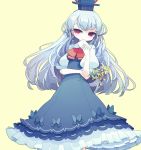  1girl blue_hair bouquet dress envelope flower hat kamishirasawa_keine long_hair red_eyes simple_background solo touhou yokoe_(mealtime) 