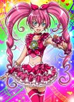  1girl blue_eyes bow braid brooch choker colorful cure_melody fantastic_belltier frills hair_ribbon hairband hanzou houjou_hibiki jewelry long_hair magical_girl midriff musical_note navel pink_hair pink_legwear precure rainbow_background ribbon skirt smile solo sparkle staff_(music) suite_precure thigh-highs twintails wand wrist_cuffs 