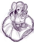  1girl alternate_costume blush breasts dragon_quest dragon_quest_viii dress frilled_dress frills jessica_albert large_breasts monochrome puffy_sleeves sho-n-d sketch solo twintails 