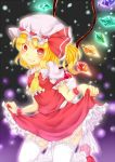  1girl blonde_hair blush fang flandre_scarlet hat hat_ribbon highres lace lace-trimmed_thighhighs red_eyes ribbon side_ponytail skirt skirt_lift solo thigh-highs touhou white_legwear wings wrist_cuffs 