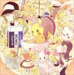  1boy 1girl baseball_cap blue_eyes bread brown_hair eating eevee eraser flower food foongus green_hair hat height_difference highres kabocha_torute long_hair n_(pokemon) pikachu poke_ball pokemon pokemon_(creature) pokemon_(game) pokemon_bw scales smile tombow_mono touko_(pokemon) 