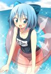  1girl blue_eyes blue_hair blush bow cirno fang hair_bow looking_at_viewer ocean one-piece_swimsuit oniku-chan open_mouth partially_submerged short_hair solo swimsuit touhou wings 