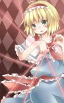  1girl alice_margatroid blonde_hair blush capelet checkered checkered_background dress green_eyes hairband lolita_hairband open_mouth puppet_strings ribbon sash short_hair short_sleeves solo tamichan touhou 