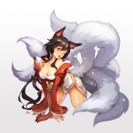  1girl ;d ahri all_fours animal_ears black_hair breasts brown_eyes cleavage fox_ears fox_tail highres league_of_legends multiple_tails nawol open_mouth smile tagme tail wink 