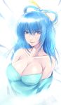  1girl alternate_costume bare_shoulders blue_eyes blue_hair breasts cleavage dress hair_ornament hair_rings hair_stick kaku_seiga lips shawl short_hair smile solo torako_19 touhou 