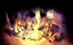  1boy 2girls bag bonfire bow drum hatsune_miku highres instrument kagamine_len kagamine_rin long_hair mandolin multiple_girls nagimiso night short_hair singing smog twintails vocaloid 